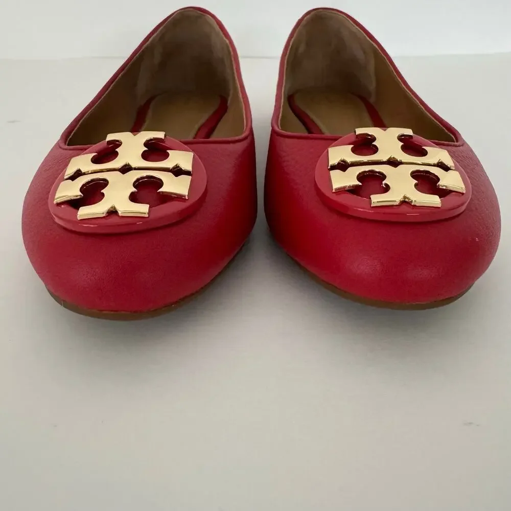 Tory Burch Claire Ballet Flats Round-Toe Brilliant Red Tumbled Leather 7.5M